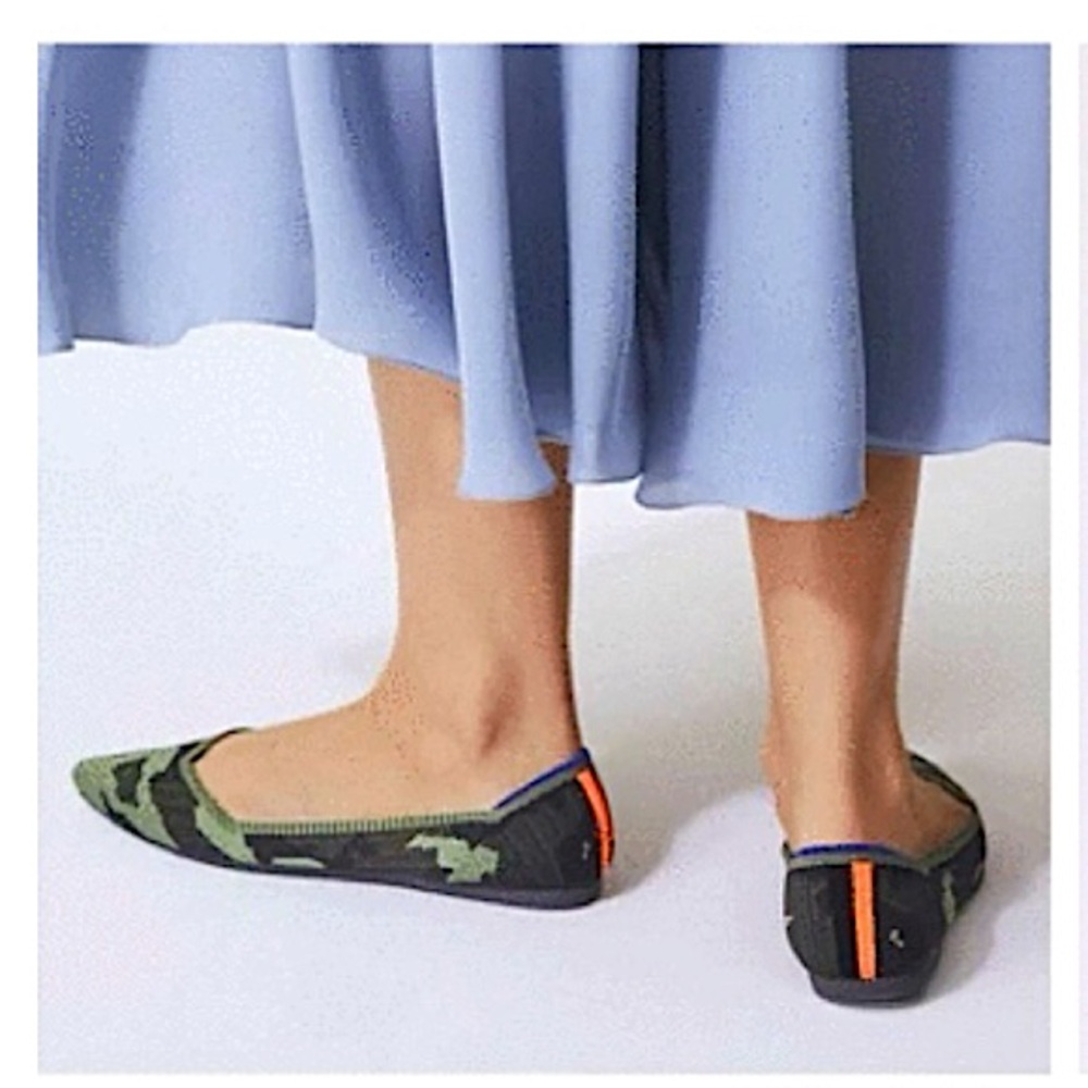 Rothy's Camouflage Green Pointed Flats with Orange Accent